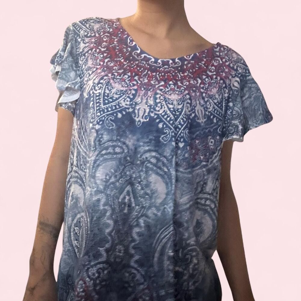 2000s colorful distressed flowy hippie top